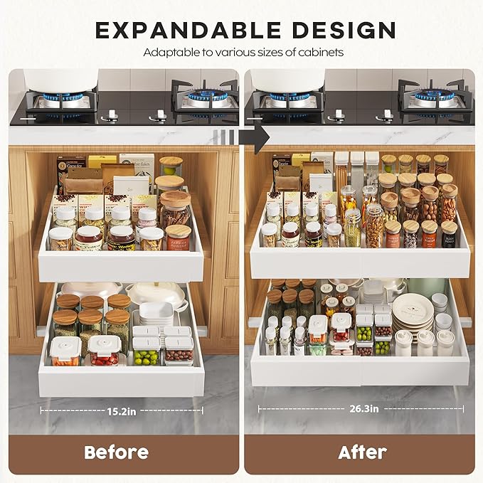 4 Pack Pull Out Cabinet Organizers 21" Deep With Raising Pad for Framed Cabinets, Expandable Width (15.2"-26.3") Slide Out Drawers Upgrade 3 Slide Rails, Roll Out Shelves Adhesive, White