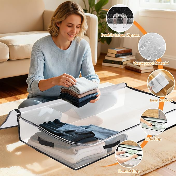 6 Pack Under Bed Storage Bags, 90L Foldable Clear Storage Containers with Handles, Dual Zippers for Comforter, Clothes, Bedding, Linen Sheets, Sweaters, Blanket Storage