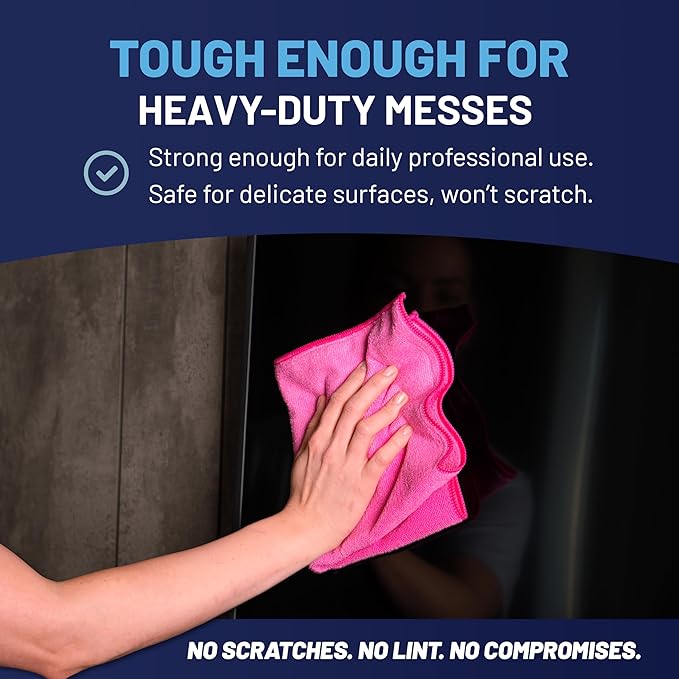 MW PRO Microfiber Cleaning Cloths Pink (12 Pack, 12x12) - Commercial Janitorial Towels & Lint Free Rags - Heavy Duty for Auto Detailing, Glass Windows, Housekeeping & Screens - Washable 300+ Times