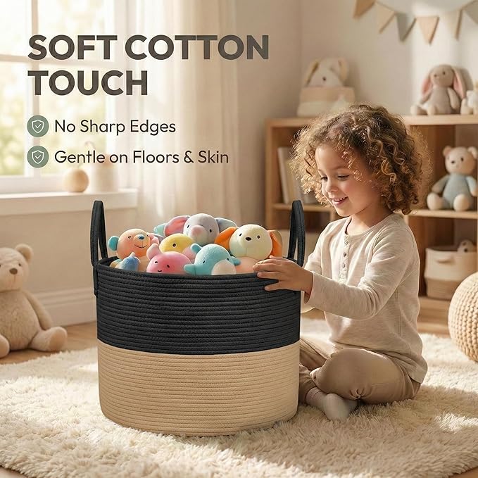 115L Extra Large Blanket Basket for Living Room - Woven Cotton Rope Laundry Hamper with Reinforced Handles - Storage Bin for Pillows, Comforters & Toys - Machine Washable,Black&Jute