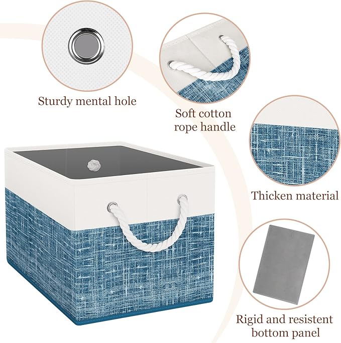 Storage Bin,Collapsible Storage Basket For Organizing,Large Storage Boxes With Rope Handles,Storage Containers,White & Blue,4 Pack