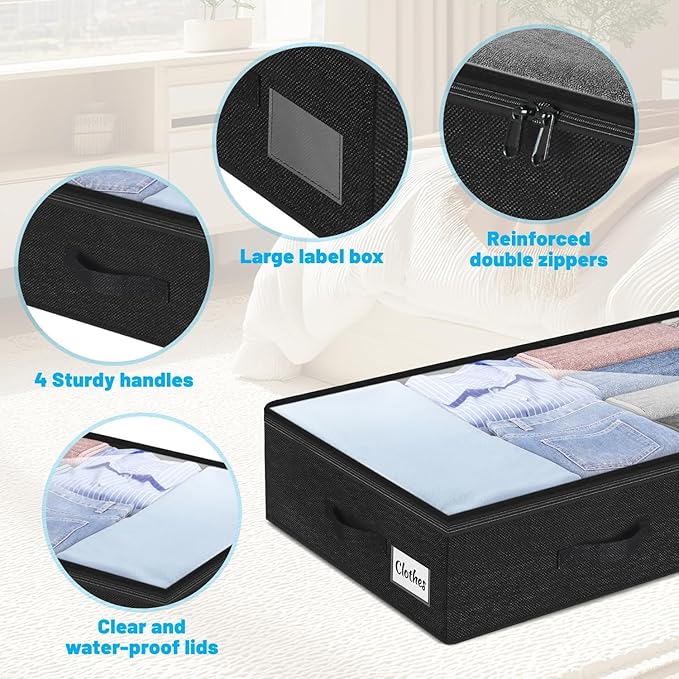 4 Pack 100L Under Bed Storage Containers, Low Profile Closet Organizers and Storage Bins for Dorm, Foldable Underbed Bag for Clothes, Blanket, Sheet, Wrapping Paper, Clear Window & Dual Zippers, Black