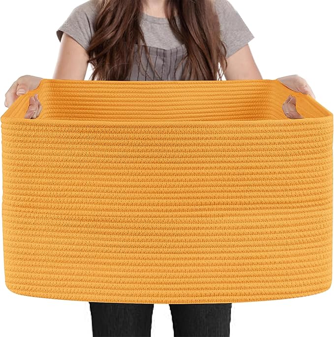 Extra Large Orange Storage Basket, 23.6" x 17" x 12" Rectangle Baskets for Organizing, Blanket Toy Bin Organizer, Colorful Woven Cotton Rope Baskets for Decor