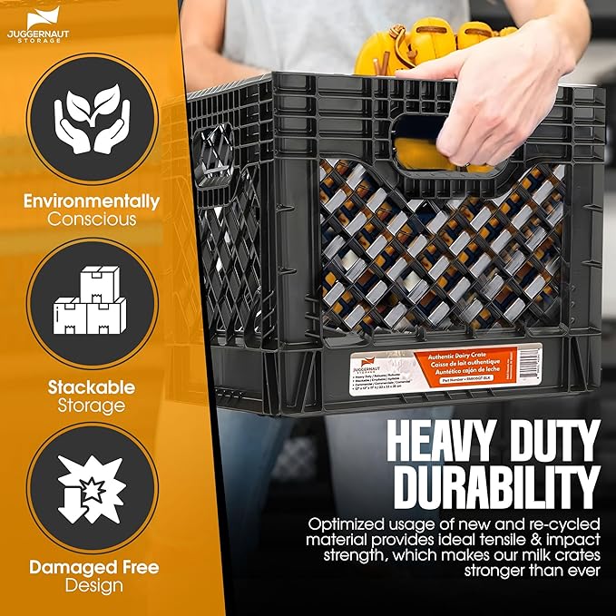 Juggernaut 16 Quart Storage Crate, Milk Crate Plastic Basket w/ 4 Handles, Organizer Bins for Office Storage & Classroom Organization, 4-Pack, Black