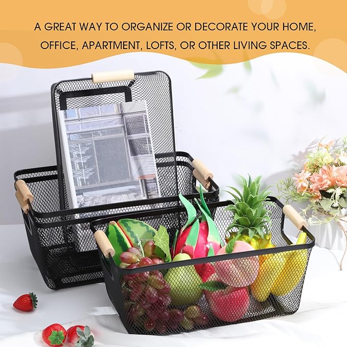 4 Pcs Metal Wire Basket with Wooden Handles Mesh Steel Storage Organizer Bin Containers for Home Organizing Cabinet Pantry Closet Kitchen Fridge Fruit Makeup Snacks Gifts(Large,Black)