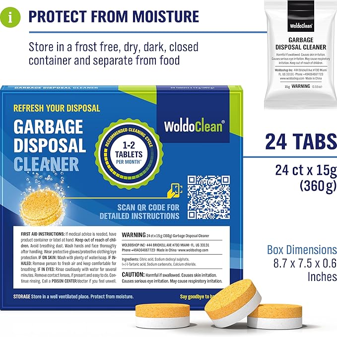 WoldoClean Garbage Disposal Cleaner Tablets - 24 Pack, Removes Grease & Odors, Fresh Citrus Foaming Action for Powerful & Deep Kitchen Cleaning