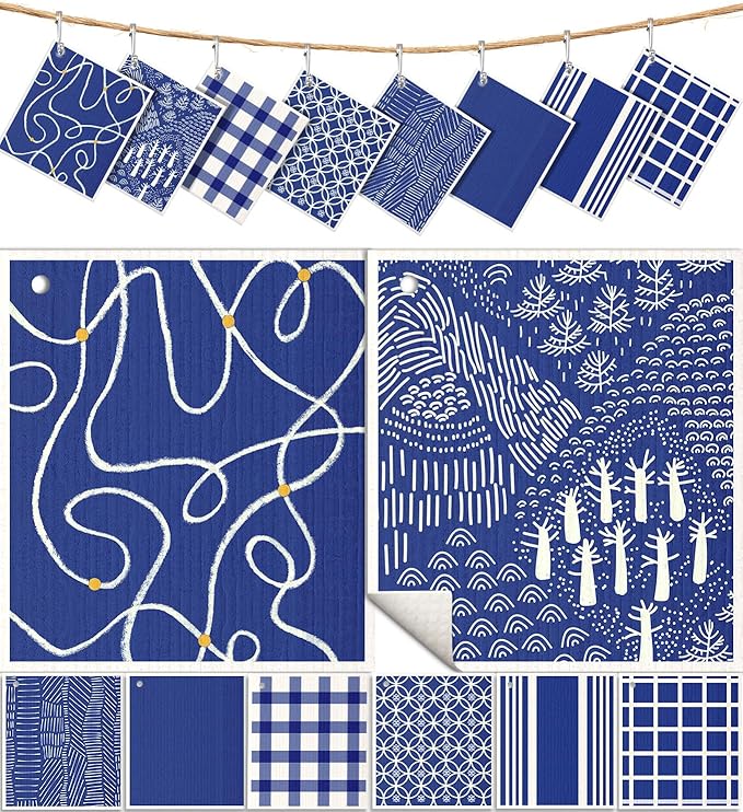 8 Pack Reusable Kitchen Swedish Dishcloths for Washing Dishes Cloths Absorbent Fast Drying Cleaning Sponge Cute Decorate Washable Swedish Towels, Blue Line