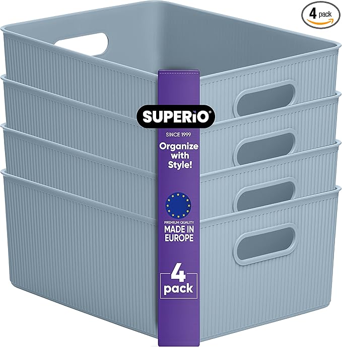 Superio Ribbed Collection - Decorative Plastic Basket Open Home Storage Bins Organizer, Large Blue (4 Pack) Container Boxes for Organizing Closet Storage Bins for Shelves 15 Liter/16 Quart