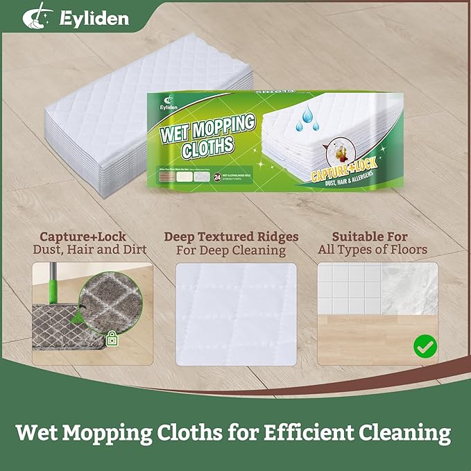 Eyliden 24-Count Disposable Wet Mop Pads Refills, Pre-Moistened with Cleaner Universal for 10 inch Sweeper Mops - Multi-Surface Hardwood, Laminate & Tile Floors