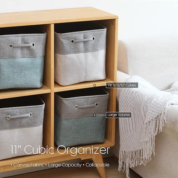 Sea Team 3-Pack Cubic Storage Basket Set, Storage Cube Organizer, Clothes Toys Bin, 11 x 11 x 11 Inches, Big Square Canvas Fabric Collapsible Shelf Box with Handles for Kids Room (Grey/Stone Blue)