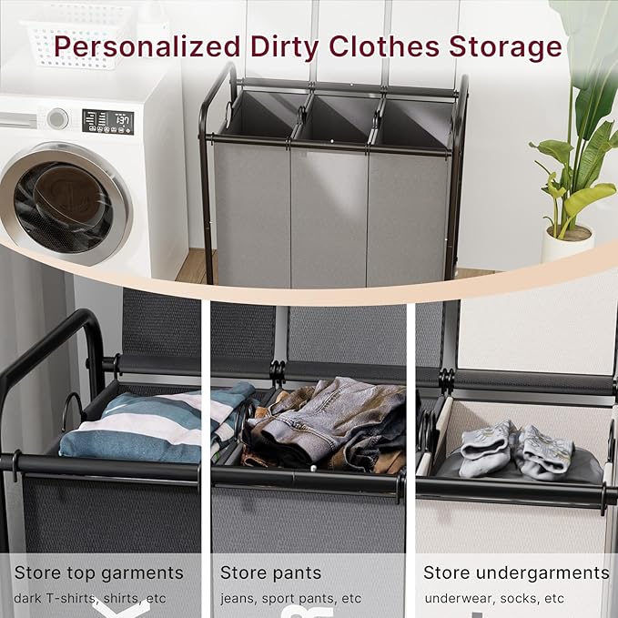 3-Compartment Laundry Cart with Lockable Wheels & Lid 180L Large Wheeled Laundry Basket Heavy-Duty Sorting Organizer for Laundry Room (Grey)