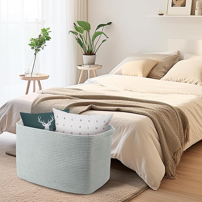 Extra Large Rectangle Storage Basket, 23.6" x 17" x 12" Gray Blanket Storage for Living Room, Large Soft Woven Cotton Rope Bin for Organizing, Kids Dog Wicker Toy Box Organizer