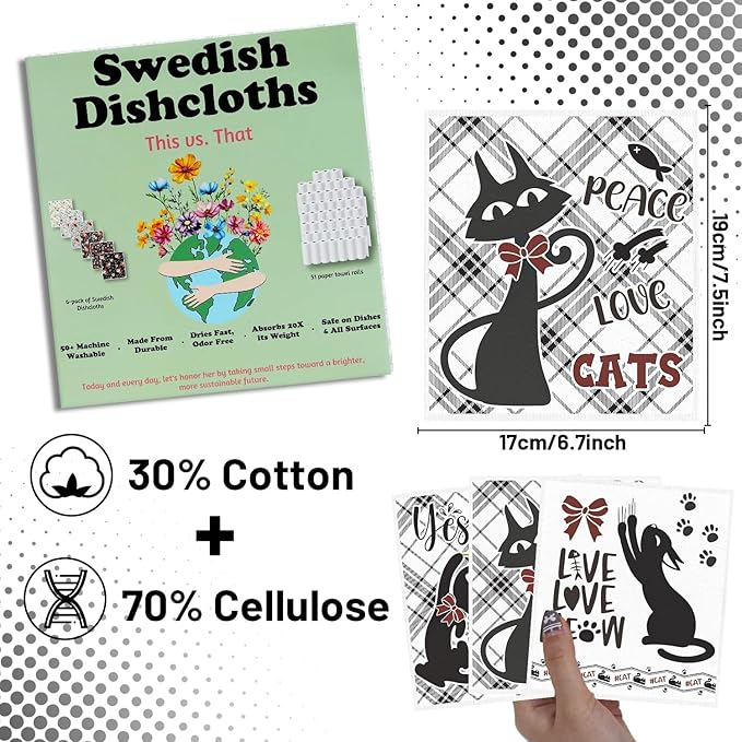 Reusable Swedish Dishcloths for Kitchen, 6PCS Black Cat Theme Cellulose Sponge Paper Towels Washable, Funny Absorbent Fast Drying Swedish Dish Cloth for Home Cleaning