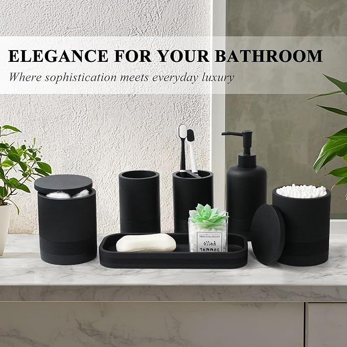 6-Piece Bathroom Accessories Set, Organizer Set with Soap Dispenser, Toothbrush Holder Set, Vanity Tray, Tumbler & 2 Cotton Swab Jars – Modern Stylish Bathroom Storage(Matte Black)