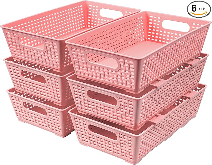 Tiawudi Stackable Woven Plastic Basket, Storage Bins for Cabinet, Closet, Shelf, Under Sink and Countertop, Pantry Organizer Bins, 6 Pack