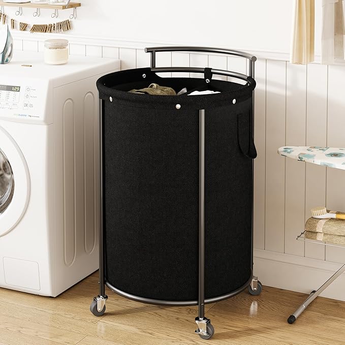 Chrislley 160L Double Laundry Hamper with Wheels, Rolling Laundry Basket with Removable Bag,Round Iron Laundry Cart with Steel Frame and Handle, Dirty Clothes Hamper Organizer for Dorm,Hoom(Black)