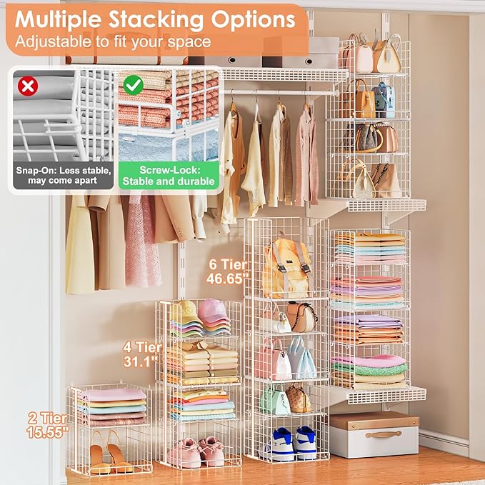 6 Tier Raised-Height Hanging Closet Organizer, Stackable Sweater Organizer for Closet, Wire Storage Basket Bins for Clothes Purse Shoes, Hanging Shelves with 4 Hooks & 3 Dividers Adjustable