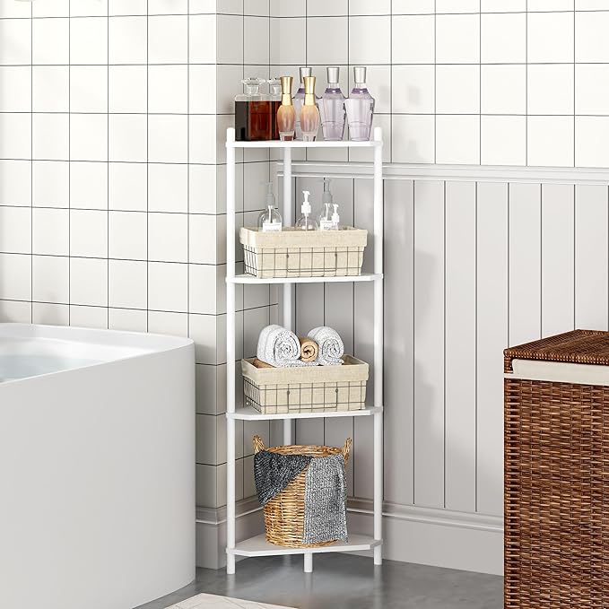 Corner Shelf Stand - 4 Tier Bamboo Small Corner Bookshelf for Office Kitchen Bedroom Plant Stand Living Room Decor Small Space (White, 4 Tier)