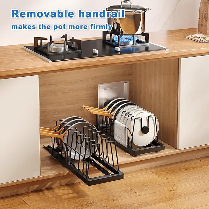 Pots and Pans Organizer Under Cabinet, 21.6" Deep Pull Out Pot Lid Organizer Holder with Guardrail Adhesive Pot and Pan Holder Rack with 10 Adjustable Dividers-1 Pack(Black)