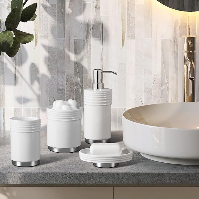 Bathroom Accessories Set 4 Pieces Ceramic Bathroom Accessory with Metal Base Set Contain Soap Dispenser Cotton Swab Jar Toothbrush Cup Soap Dish