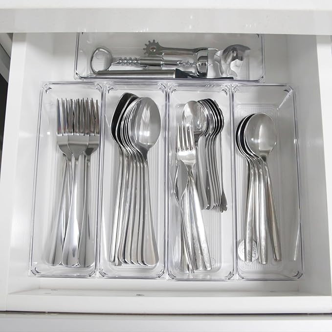 LotFancy 8 Pack Clear Plastic Drawer Organizers, 9.2''×3''×2'', Food Grade Storage Trays, Non-Slip Storage Bins for Kitchen Utensil, Silverware Cutlery, Bathroom, Office Desk, Makeup, Jewelry