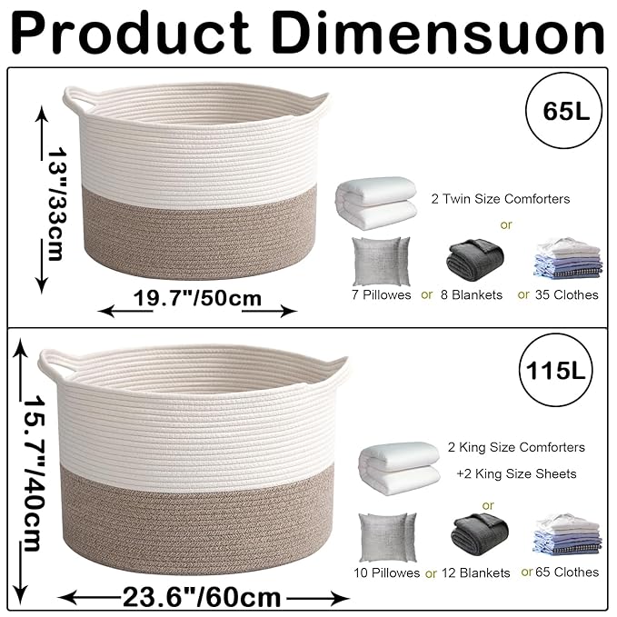 115L Large Blanket Basket,23.6" L x 23.6" W x 15.7" H Rope Woven Baskets with Handles, Toys Storage Bins,Laundry Basket Perfect for Living Room, Nursery,Bedroom,Home Organization,White&Brown