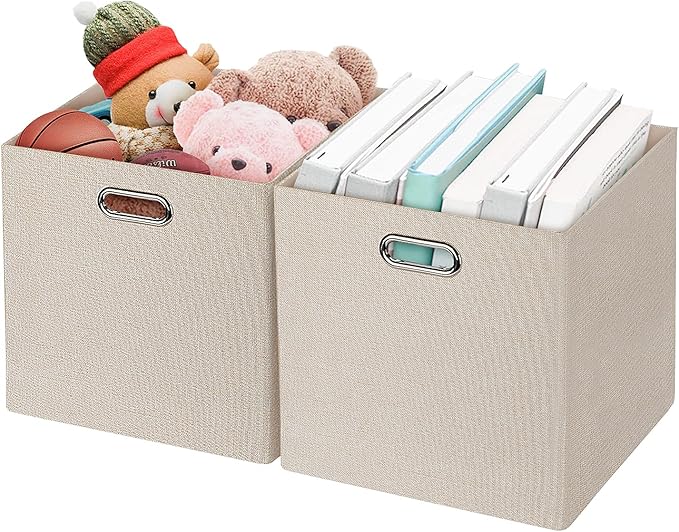 Posprica Foldable Storage Bins,13×13 Storage Cubes Basket Containers for Shelf Cabinet Bookcase Boxes,Thick Fabric Drawers - Set of 2, Beige