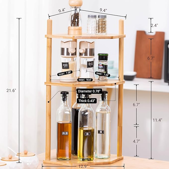 Expandable Bamboo Corner Shelf - Dish/Plate Organizer for Cabinet, Kitchen Counter Shelf & Small Kitchen Shelf, Adjustable (1, 3Tier-11.4" H)