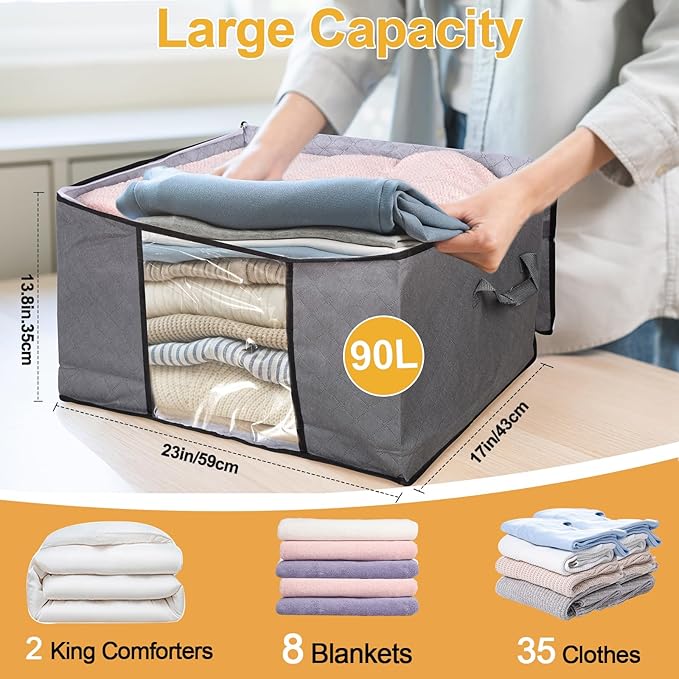 90L Large Blanket Storage Bags, 8 Pack Clothes Storage Bag Comforter Storage Bin with Reinforced Handle and Lid Foldable Closet Organizer and Storage Containers for Bedding Sheets and Duvet