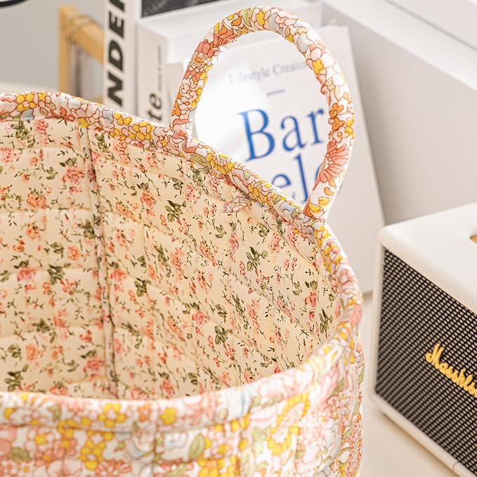 vctops Boho Cotton Quilted Storage Basket for Organizing, Basket Organizer Gift Baskets with Handles, Storage Bins for Toys, Books, Towels, and Clothes, Collapsible Fabric(Pattern F,13"x10.6"x10")