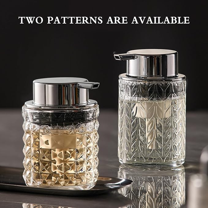 Foaming Soap Dispenser 2 Pack, Foam Hand Soap Dispenser for Bathroom Kitchen Liquid Refillable Clear Glass Bottles with Silver Pump(Diamond Pattern-Clear)