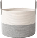 65L Extra Large Blanket Basket for Living Room - Woven Cotton Rope Laundry Hamper with Reinforced Handles - Storage Bin for Pillows, Comforters & Toys - Machine Washable,White&Grey