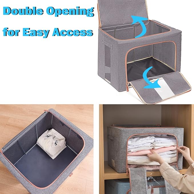 SWEERI Extra Large Clothes Storage Bins with Metal Frame, Foldable Organizer for Home Organization, 2-Way Zipper, Clear Window Storage Bags for Clothes, Bedding, Seasonal Storage, 100L x 3Pack