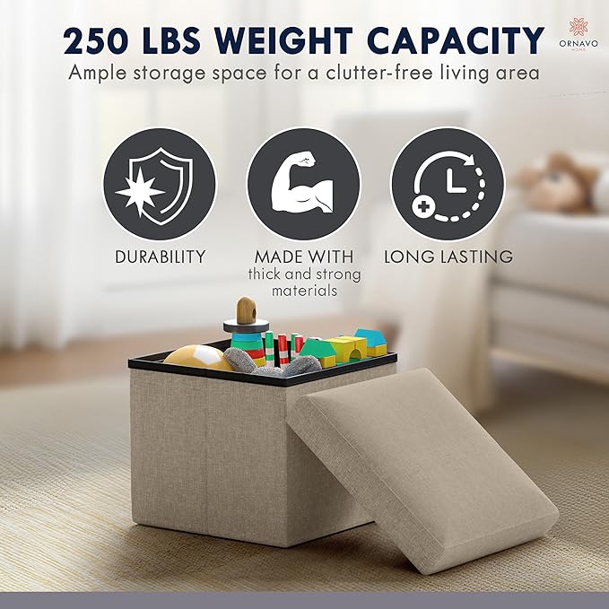 Ornavo Home Small Storage Ottoman, Set of 2 Foldable Collapsible Cube Square Linen Ottoman Foot Rest Stool Seat, for Living Room, Bedroom, Home Office, Dorm - 12 x 12 x 12, Taupe