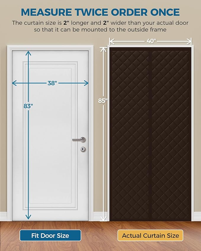 Magnetic Thermal Insulated Door Curtain Fits Door Size 38 x 83 Inch, Insulation Cover for Cold, Oxford Cloth Thicken Cotton Filled Blanket for Front Back Attic Door in Winter, Brown