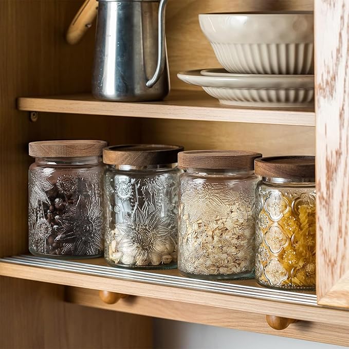 24 OZ Airtight Glass Storage Jar with Bamboo Lid - Vintage Glass Jar Vintage Food Containers Canisters Set for Kitchen Counter & Pantry - Ideal for Sugar, Flour, Coffee, Tea, Candy, Oats -6 Pack