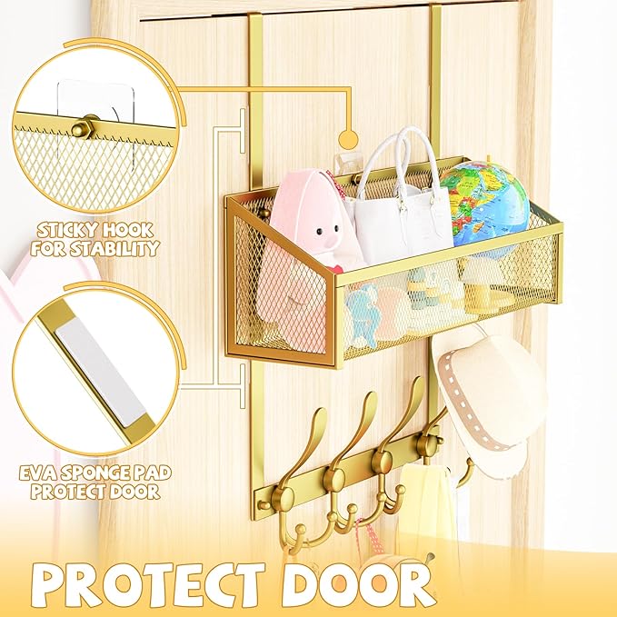 Kaiferty Over The Door Hooks Organizer, Coat Rack Over The Door Storage Hanger Towel Rack, Back of Door Storage Organizer for Bathroom,Bedroom,Kitchen,Office (Gold, 2-Tier)
