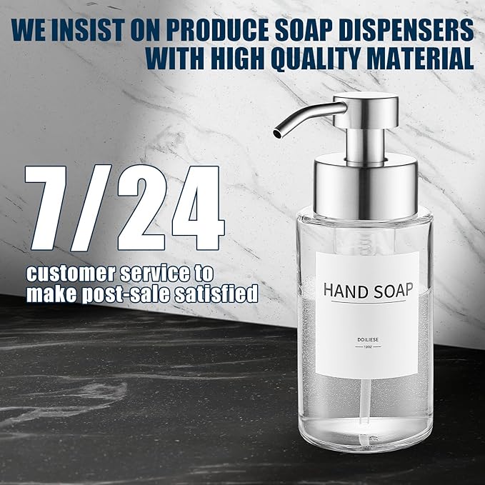 Doiliese Glass Foaming Hand Soap Dispenser, 10 oz Easy Refill Glass Soap Dispenser, Foam Dispenser with Stainless Steel Pump & Waterproof Labels, Clear Foam Soap Bottle for Bathroom Countertop
