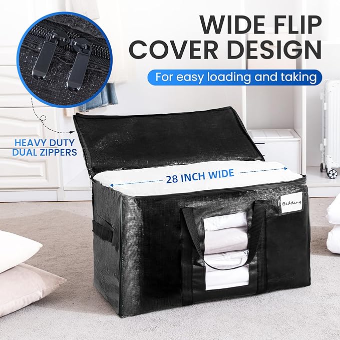 TAILI Extra Large Moving Bags, 4 Pack Black Heavy Duty Totes For Storage with Visible Window, Wrap Around Handles, Storage Bags for Space Saving, Alternative to Moving Boxes