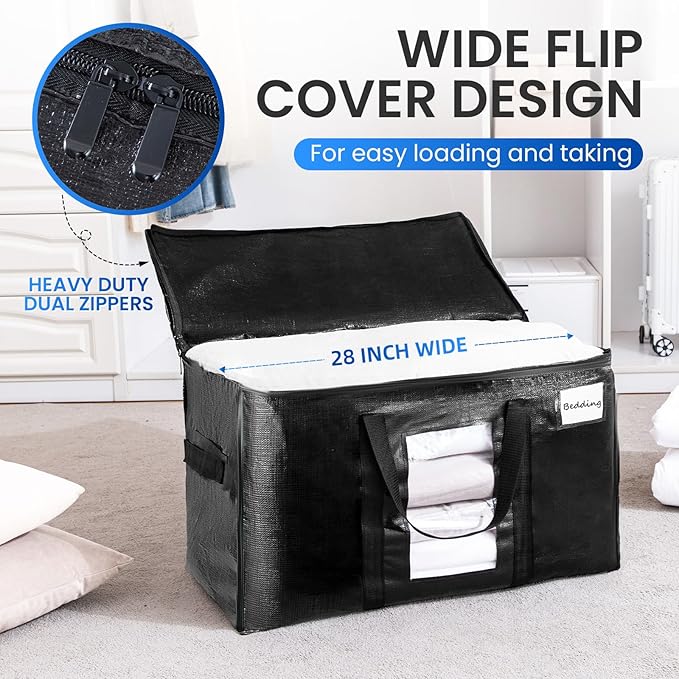 TAILI Extra Large Moving Bags, 8 Pack Black Heavy Duty Totes for Storage with Visible Window, Wrap Around Handles, Storage Bags for Space Saving, Alternative to Moving Boxes