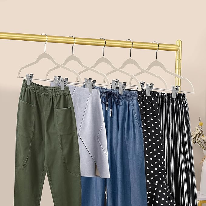 Quality Plastic 20-Pack Non Velvet Non-Flocked Thin Compact Coat Hangers with Metal Clips for Skirts Pants Blouses 360° Swivel Hook (Ivory, 20)