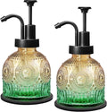 Amolliar 8 Oz Vintage Glass Bathroom Soap Dispensers with Pump, 2 Pack Refillable Kitchen Dish Soap Dispenser with Stripe, Antique Rustic Hand Soap Liquid Bottle (Green Gradient-Black Pump)