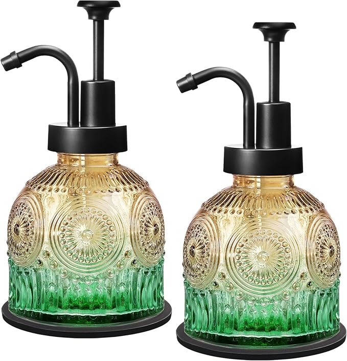 Amolliar 8 Oz Vintage Glass Bathroom Soap Dispensers with Pump, 2 Pack Refillable Kitchen Dish Soap Dispenser with Stripe, Antique Rustic Hand Soap Liquid Bottle (Green Gradient-Black Pump)