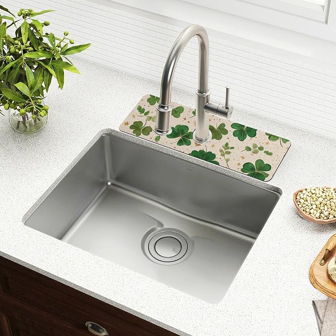 Kitchen Sink Splash Guard 2 PCS 30 Inch Sink Faucet Mat Splash Guard for Bathroom Countertop Water Absorbent Foldable Cuttable Soft Washable Green Clovers and Gold Stars