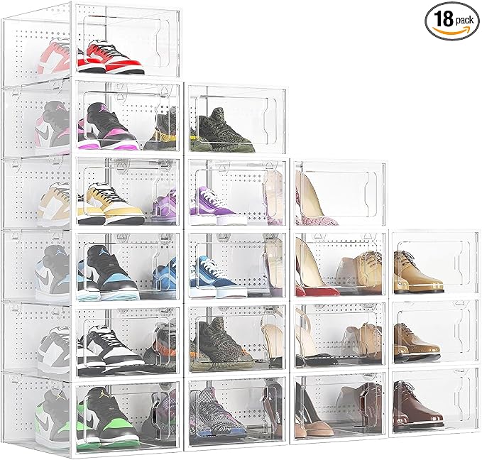 Elechomes Shoe Boxes Clear Plastic Stackable 18 Pack Premium Shoe Organizer Storage for Closet Foldable Shoe Rack Containers Sneaker Display Case Holder Shoe Bin Entryway Drawers Gifts