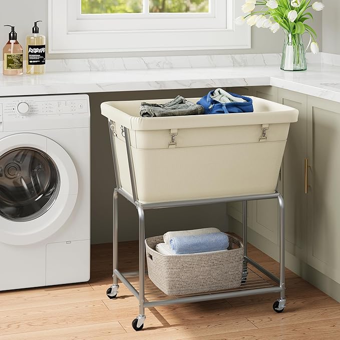 ELYKEN Laundry Cart with Wheels, Rolling Laundry Hamper with Removable Bag and Shelf, Metal Frame Laundry Basket with 4 Casters and 2 Brakes, Ideal for Bedroom, Bathroom, Laundry Room, Cream