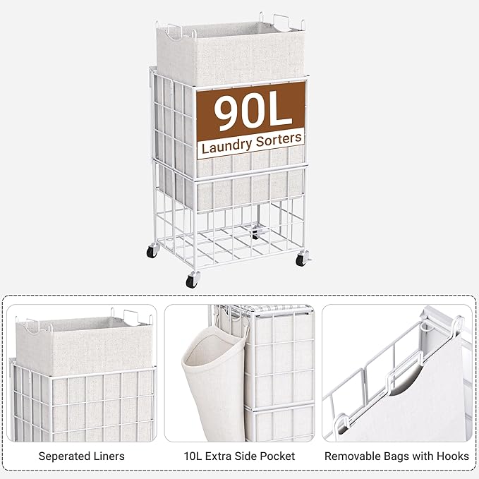 90L Laundry Basket with Wheels, Large Capacity Laundry Hamper with Removable Liner Bags, Heavy Duty Laundry Sorter with Solid Wood Lid & Leather Handles (White) TLH001W01