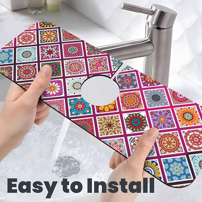 Boho Mandala Bohemian Floral Kitchen Sink Splash Guard Faucet Mat Super Absorbent Fast Drying Mat Sink Gadgets-Fast Drying Pad Sink Mat For Kitchen Bathroom (15" X 5.5" )