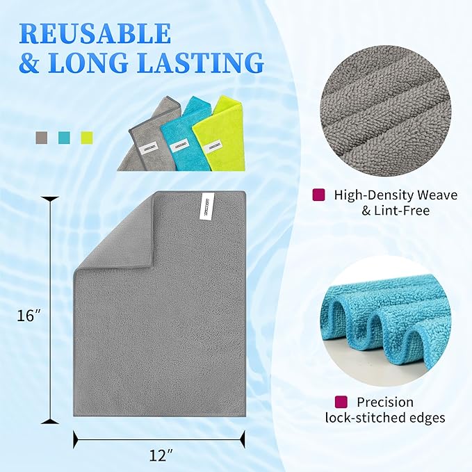 FIXSMITH Microfiber Cleaning Cloth - Pack of 24, Multi-Functional Towels, Size: 12 x 16 in, Highly Absorbent Rags, Lint-Free, Streak-Free for Car, Kitchen, Home, Office