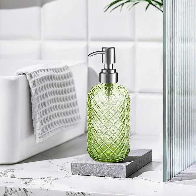14 Oz Refillable Glass Soap Dispenser with Rust Proof Stainless Steel Pump, for Dispense Hand soap, Body wash, Lotion 2pack (Green)